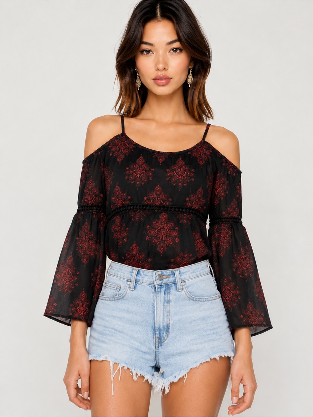 Paper Crane Black Cold-Shoulder Top with Red Paisley Print